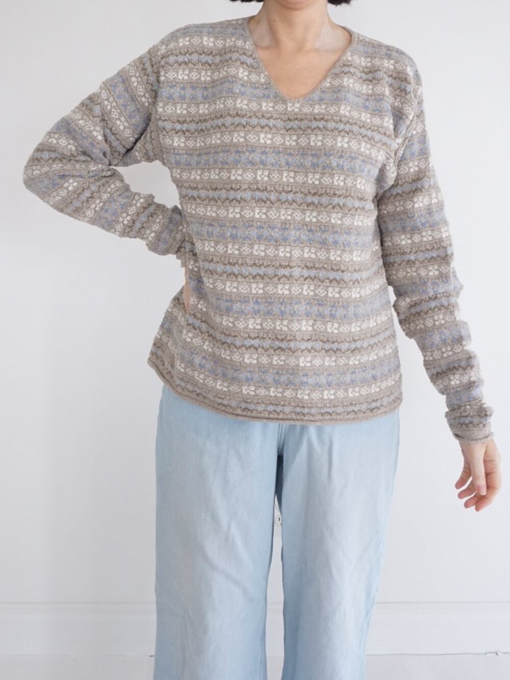 ALPS Beige Blue Fair Isle Nordic Snowflake V Neck Knit Sweater Scandinavian S
